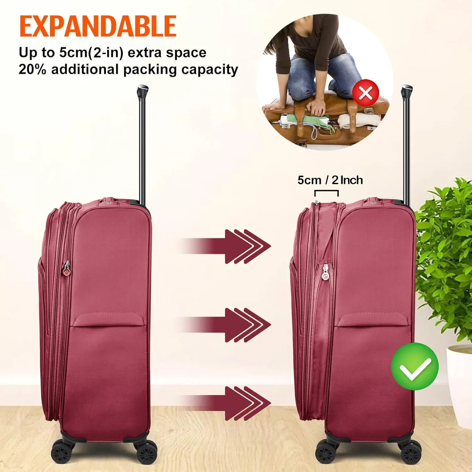 Verdi Softside Expandable 24 Inch Luggage with Spinner Wheels Lightweight Suitcase (Burgundy, Checked-Large 24-Inch)