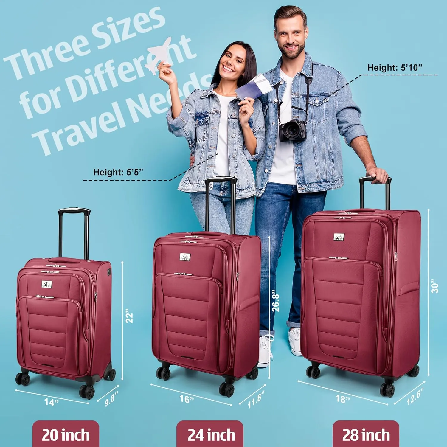 Verdi Softside Expandable 24 Inch Luggage with Spinner Wheels Lightweight Suitcase (Burgundy, Checked-Large 24-Inch)