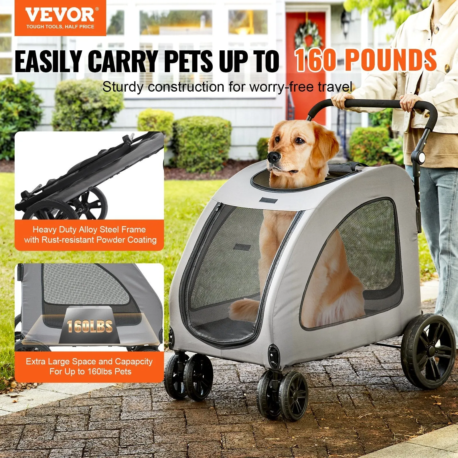 VEVOR Pet Stroller 4 Wheels Dog Stroller Rotate with Brakes