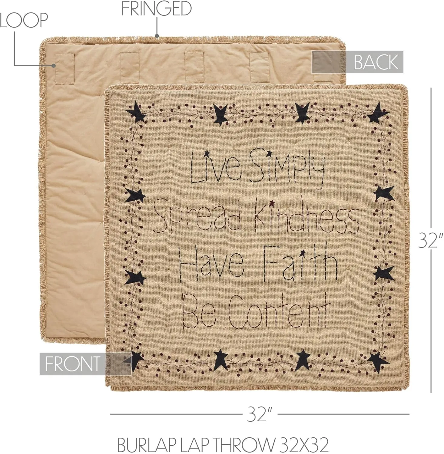 VHC Brands Pip Vinestar Burlap Lap Throw 32Wx32L, Bedroom and Living Room Decor, Blanket, Cotton, Pip Vinestar Collection, Square 32x32, Natural