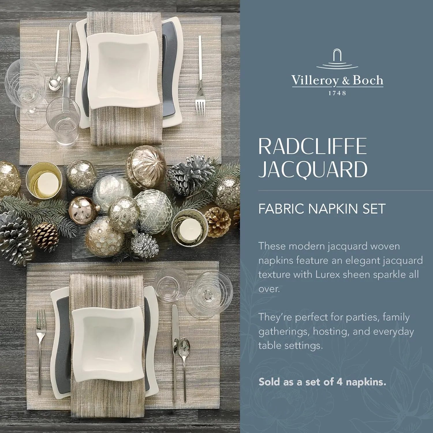 Villeroy & Boch Radcliffe Jacquard Woven Napkins, 21 Inches x 21 Inches, Set of 4
