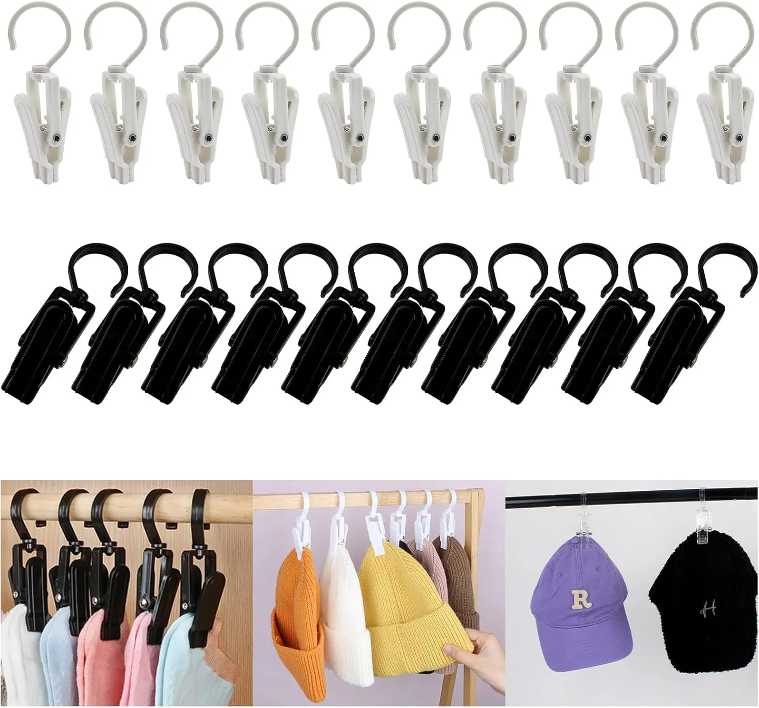 Vinbee 20 PCS Laundry Hooks with Clips Super Strong Plastic Home Travel Swivel Hanging Hanger Closet Organizer Clamps Socks Boot Bras Towels for Bathroom Wardrobe Kitchen - 4.3 Inches (Black White)