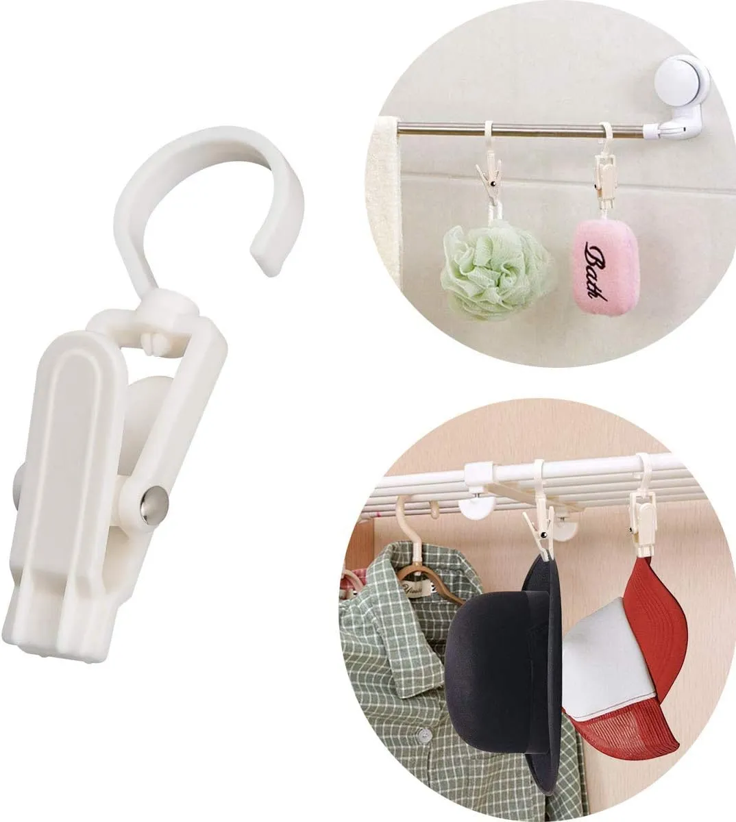 Vinbee 20 PCS Laundry Hooks with Clips Super Strong Plastic Home Travel Swivel Hanging Hanger Closet Organizer Clamps Socks Boot Bras Towels for Bathroom Wardrobe Kitchen - 4.3 Inches (Black White)