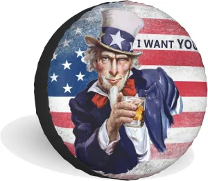 Vintage American Uncle Sam Flag Spare Tire Cover, Wheel Protection Device 14-17 Inches, with Waterproof Dust-Proof UV Sun Wheel Tire Cover Suitable for SUV, RVs, Travel Trailers, Trucks (LTTSM-15)