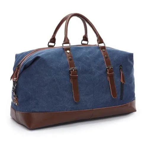 Vintage Duffle Bag Travel Tote Canvas PU Leather Carry On Weekender Overnight Bag