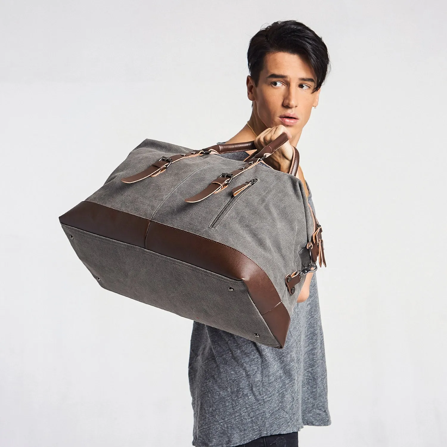 Vintage Duffle Bag Travel Tote Canvas PU Leather Carry On Weekender Overnight Bag