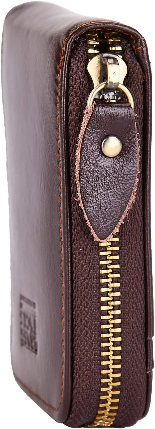 Vintage Full Top Grain Leather Wallet RFID Blocking Multi Card Case with Zipper Pocket Card Holder for Men Women Gift Box