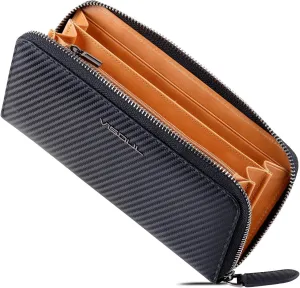 VISOUL Leather Long Zippered Pouch Wallet for Men with RFID Blocking Two-tone, Large Carbon Fiber Leather Clutch Cash Long Wallet with Zipper (Black Tan)