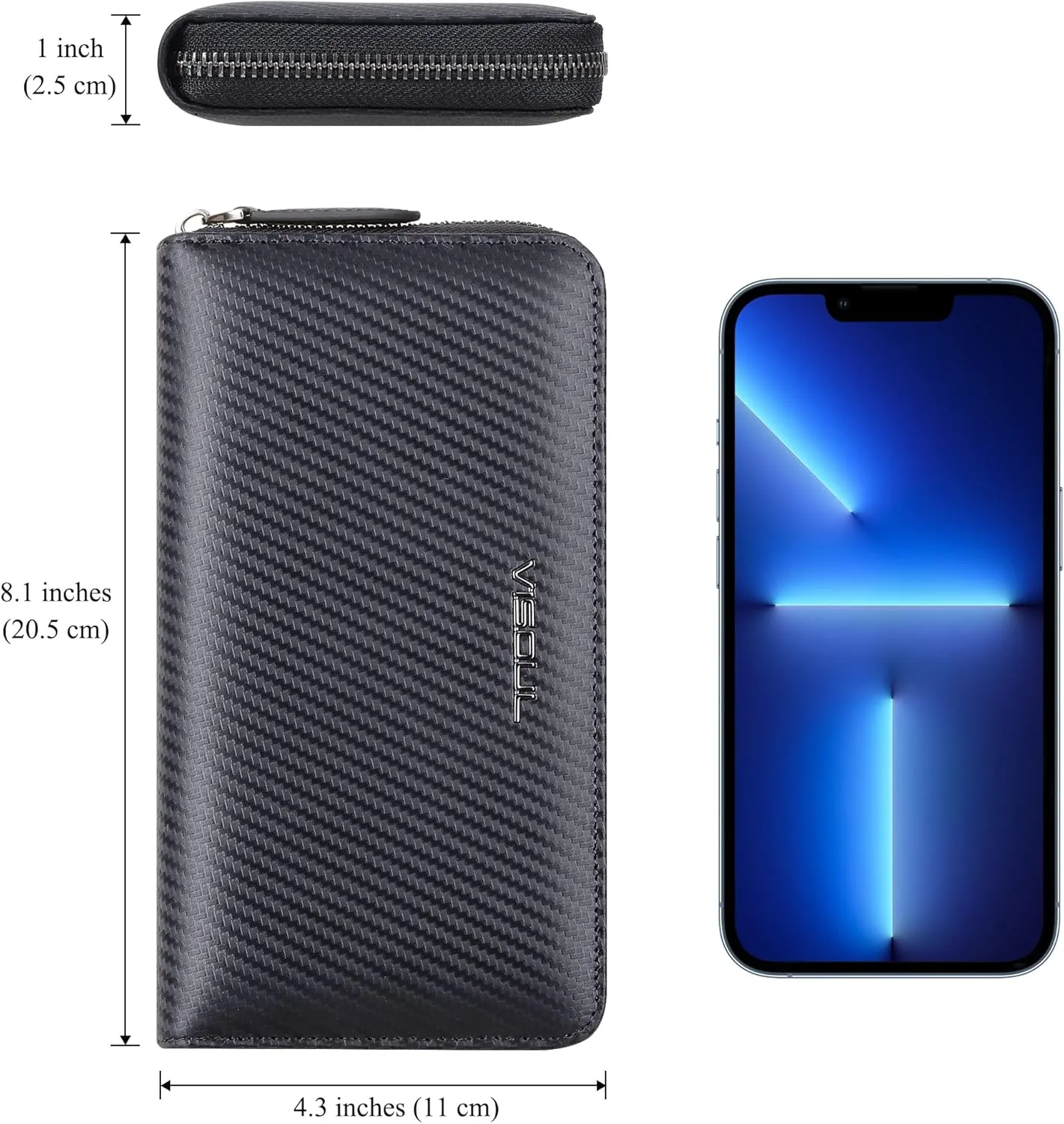 VISOUL Leather Long Zippered Pouch Wallet for Men with RFID Blocking Two-tone, Large Carbon Fiber Leather Clutch Cash Long Wallet with Zipper (Black Tan)