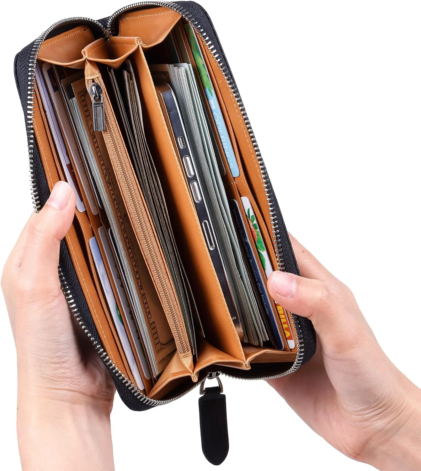 VISOUL Leather Long Zippered Pouch Wallet for Men with RFID Blocking Two-tone, Large Carbon Fiber Leather Clutch Cash Long Wallet with Zipper (Black Tan)