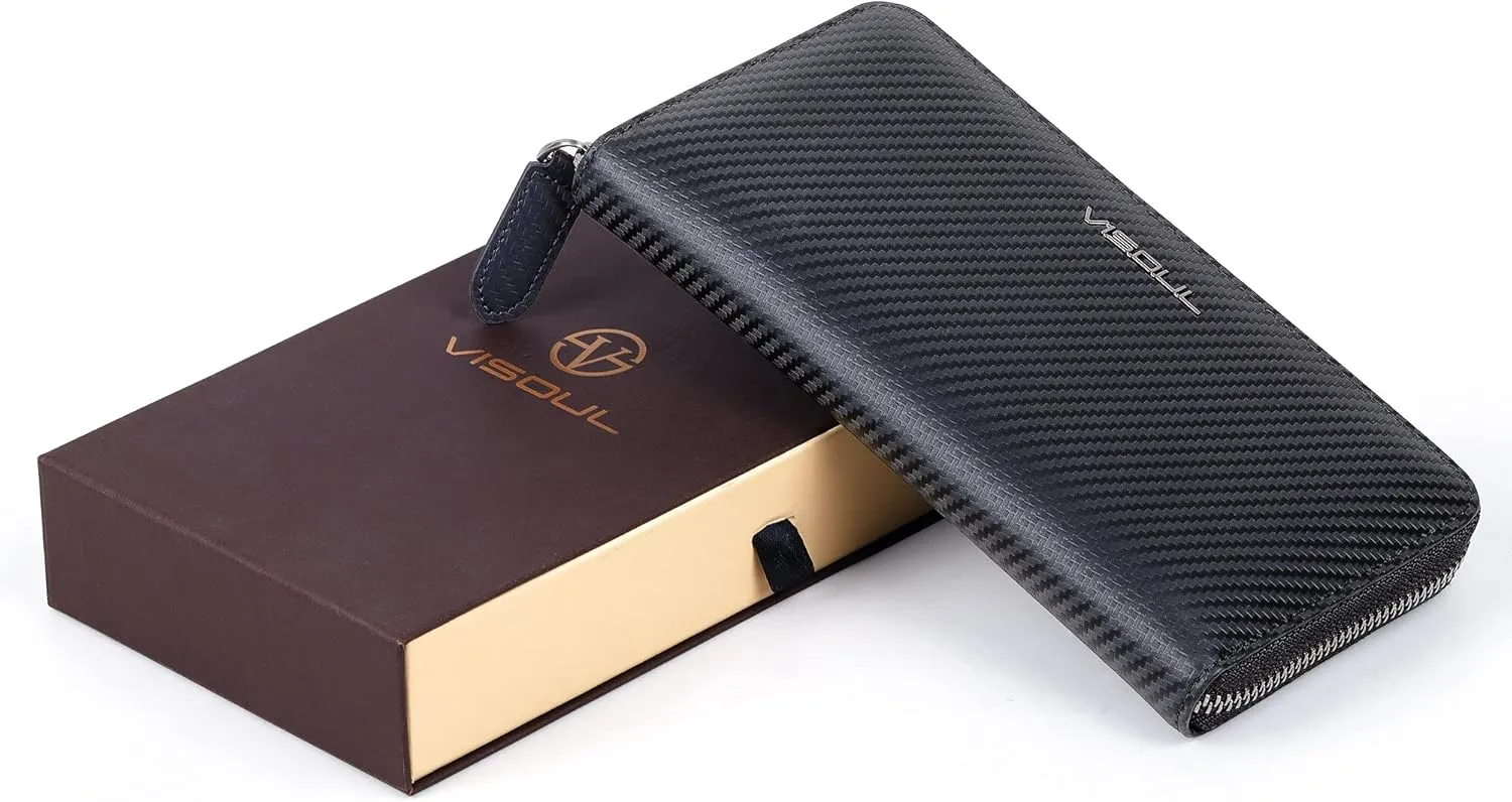 VISOUL Leather Long Zippered Pouch Wallet for Men with RFID Blocking Two-tone, Large Carbon Fiber Leather Clutch Cash Long Wallet with Zipper (Black Tan)