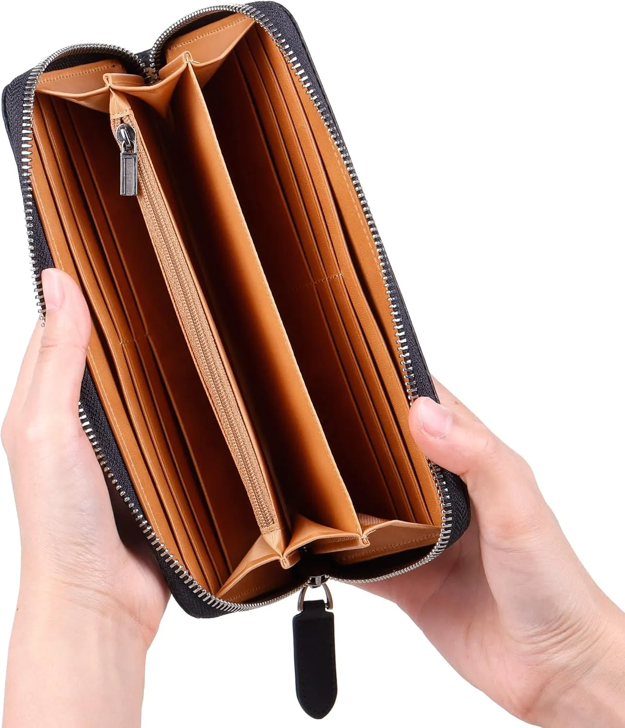 VISOUL Leather Long Zippered Pouch Wallet for Men with RFID Blocking Two-tone, Large Carbon Fiber Leather Clutch Cash Long Wallet with Zipper (Black Tan)
