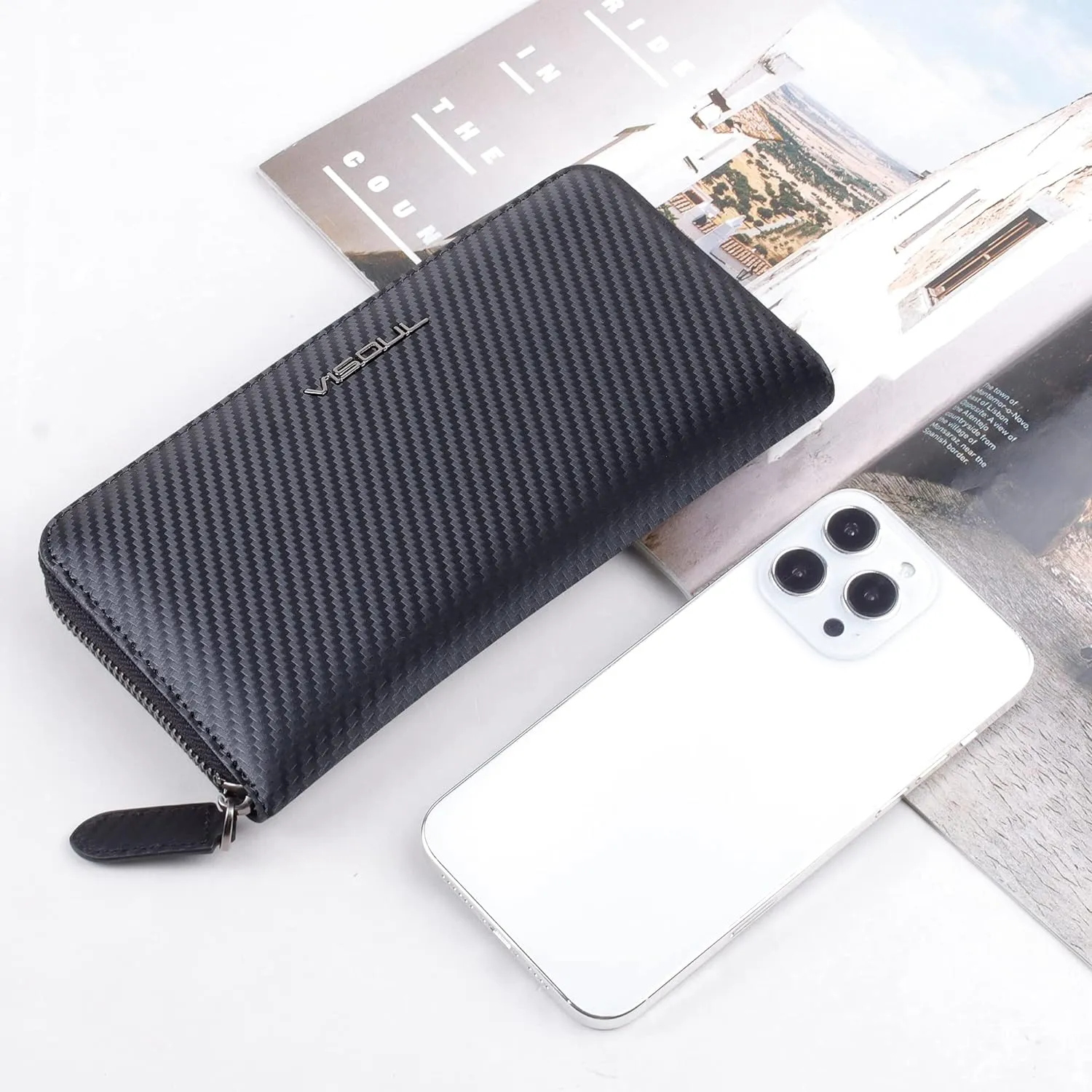 VISOUL Leather Long Zippered Pouch Wallet for Men with RFID Blocking Two-tone, Large Carbon Fiber Leather Clutch Cash Long Wallet with Zipper (Black Tan)