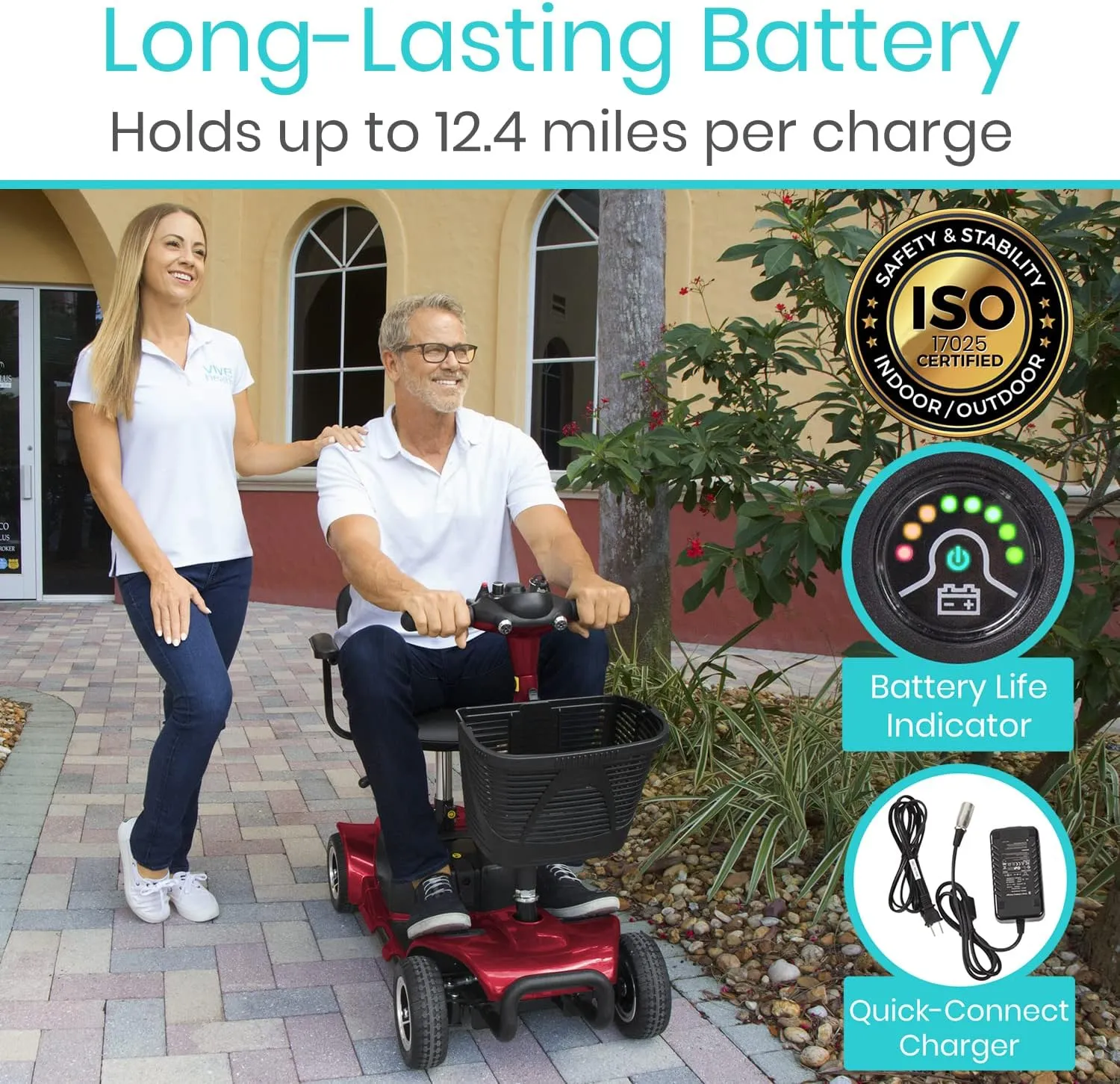Vive 4 Wheel Mobility Scooter - Electric Powered Wheelchair Device - Compact Heavy Duty Mobile for Travel, Adults, Elderly - Long Range Power Extended Battery with Charger & Basket (FSA/HSA Eligible)