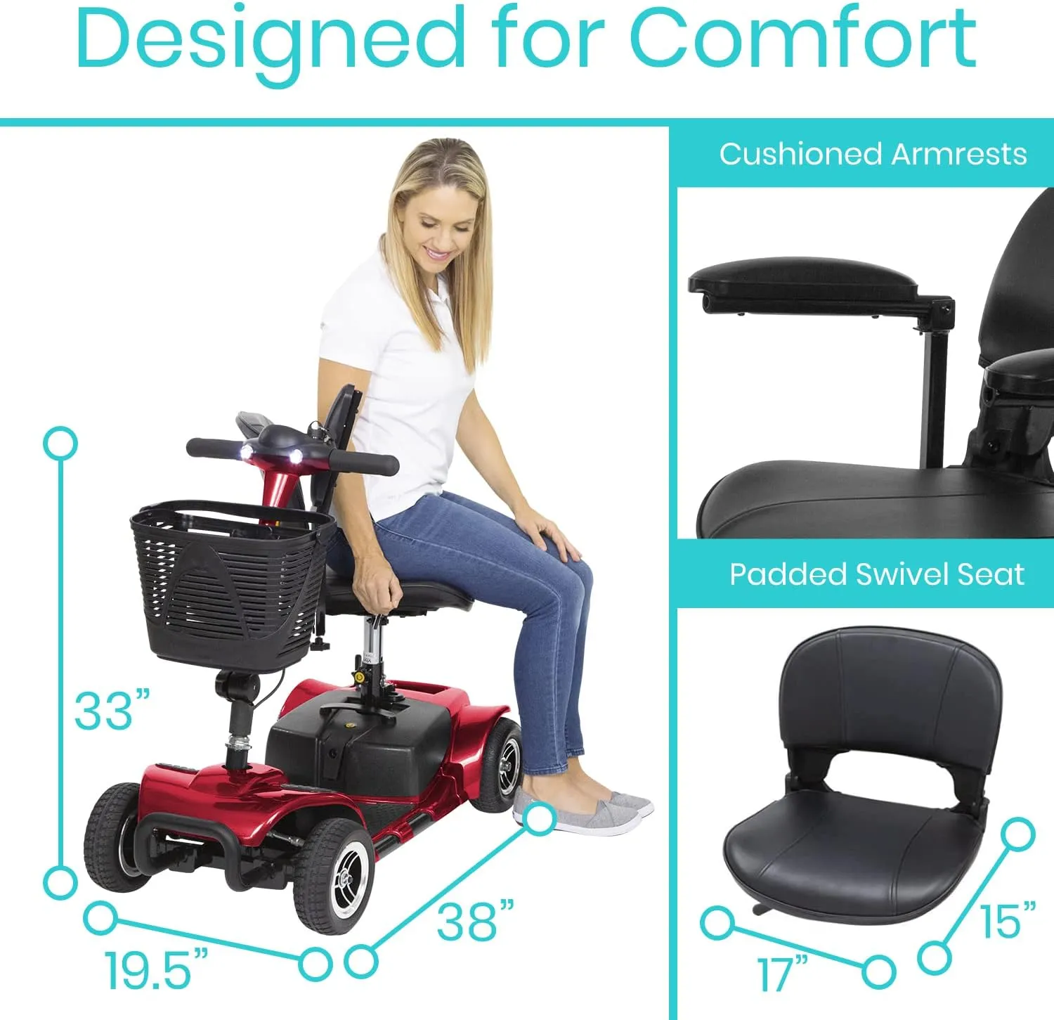 Vive 4 Wheel Mobility Scooter - Electric Powered Wheelchair Device - Compact Heavy Duty Mobile for Travel, Adults, Elderly - Long Range Power Extended Battery with Charger & Basket (FSA/HSA Eligible)