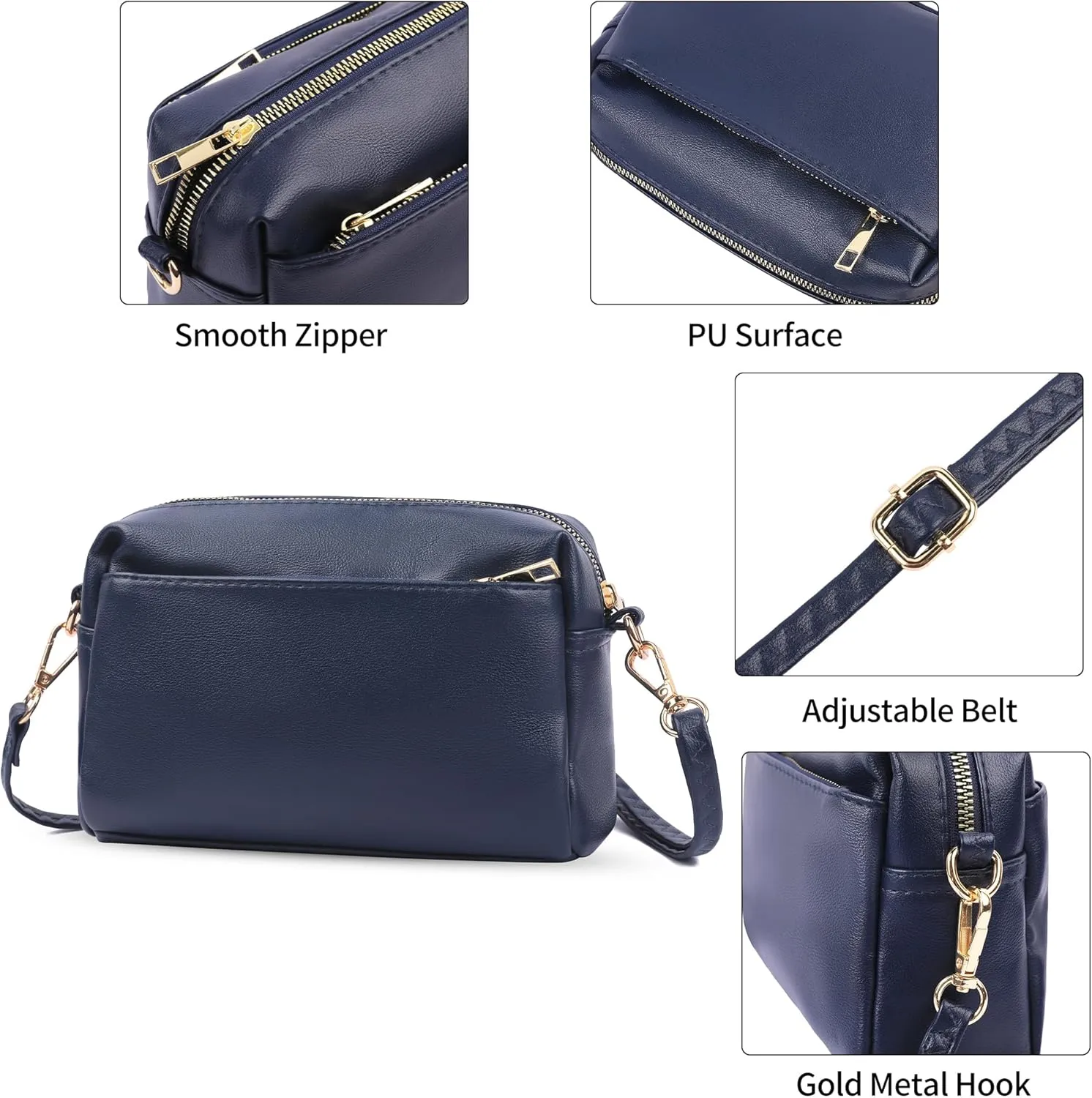 VOROLO Crossbody Bag Triple Zip Small Leather Cross body Purse Shoulder Bag with Ajustable Strap for Women