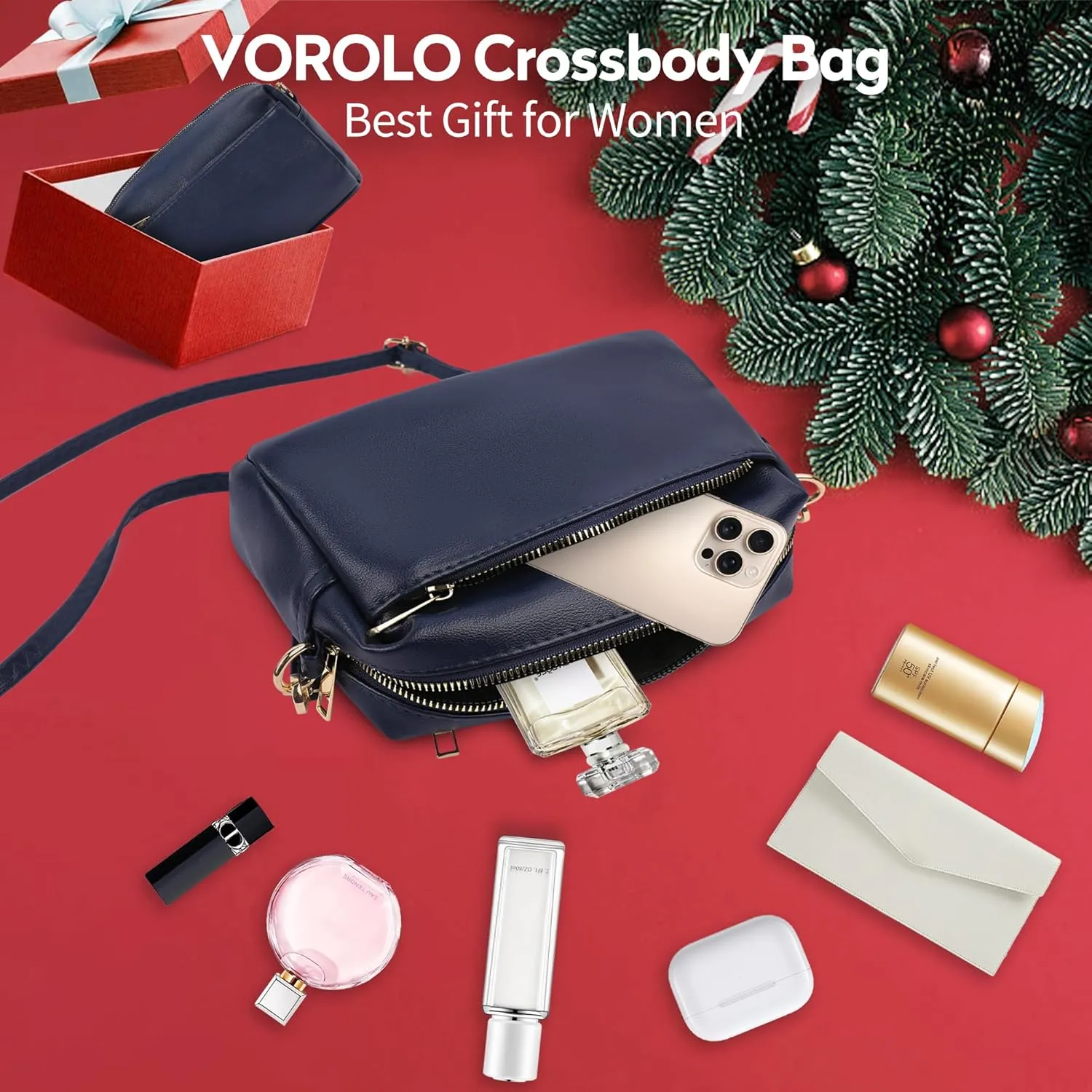 VOROLO Crossbody Bag Triple Zip Small Leather Cross body Purse Shoulder Bag with Ajustable Strap for Women