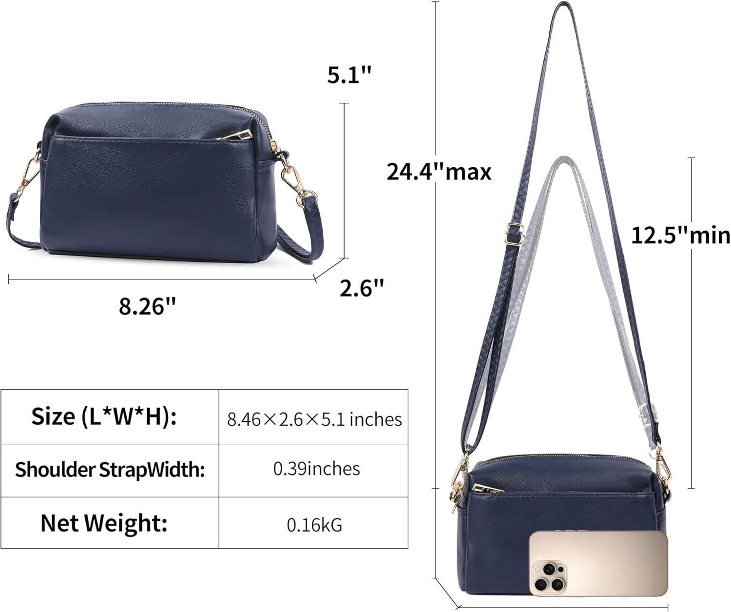 VOROLO Crossbody Bag Triple Zip Small Leather Cross body Purse Shoulder Bag with Ajustable Strap for Women
