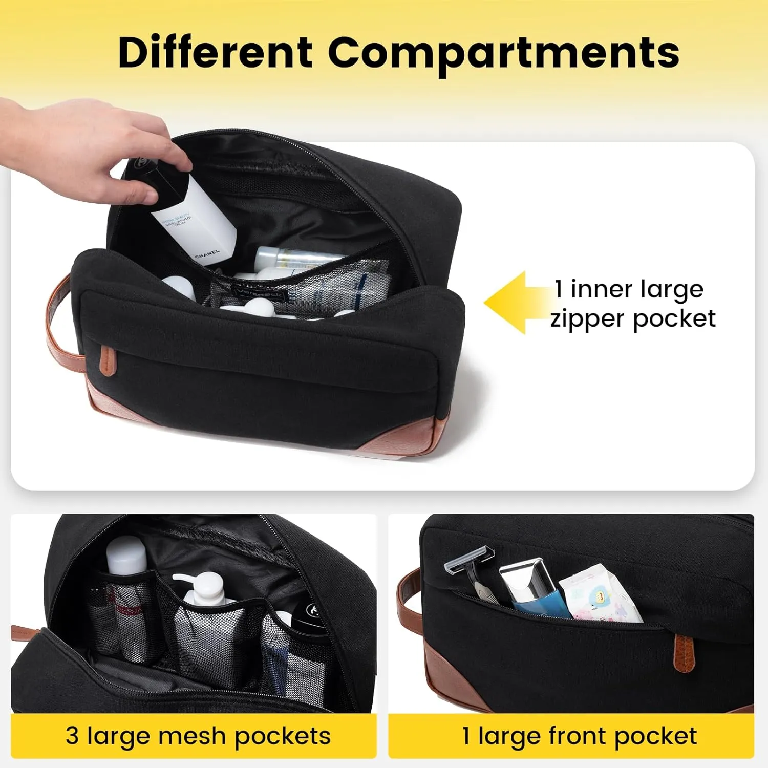 Vorspack Large Toiletry Bag Hanging Dopp Kit for Men Water Resistant Canvas Shaving Bag with Large Capacity for Travel- Black