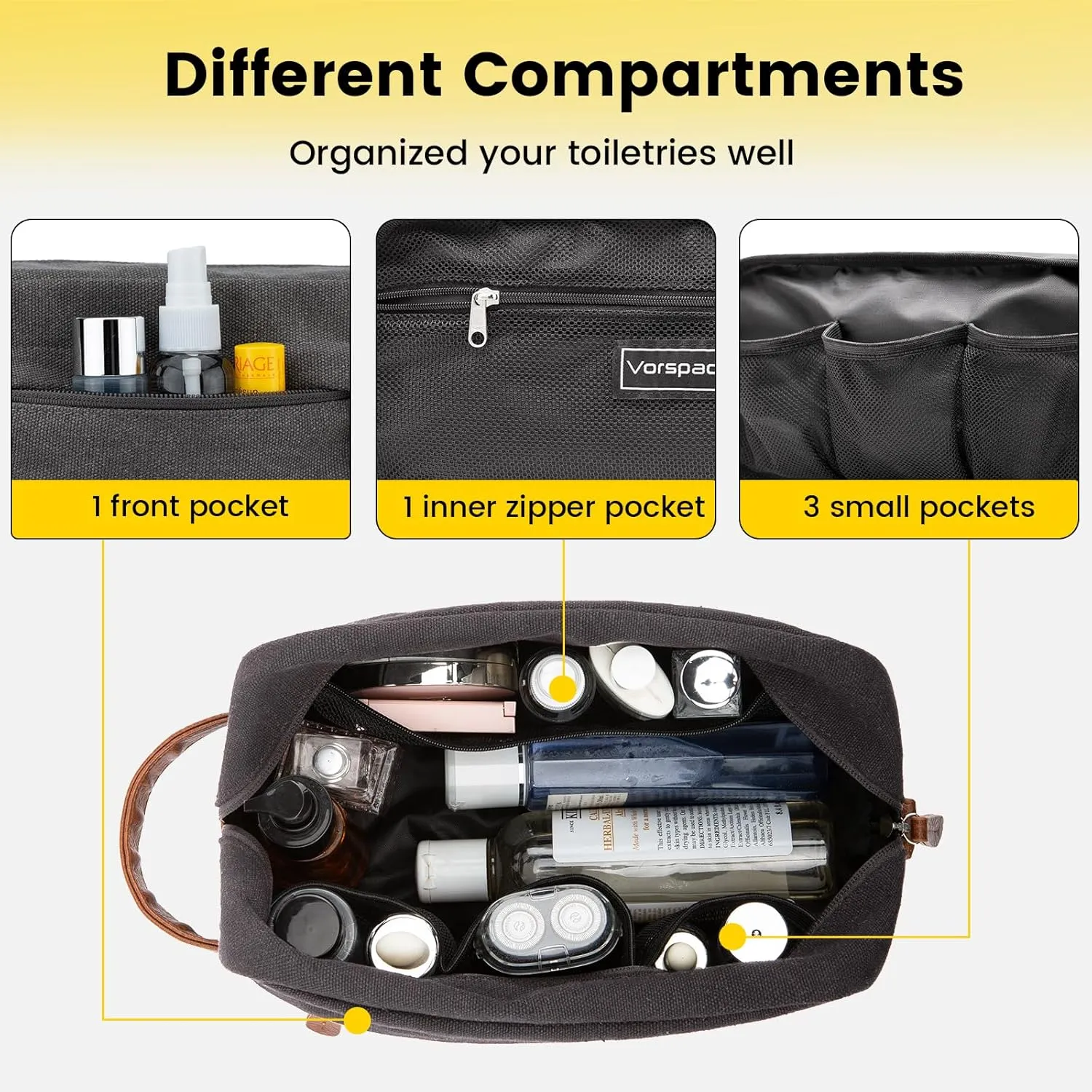 Vorspack Toiletry Bag Hanging Dopp Kit for Men Water Resistant Canvas Shaving Bag with Large Capacity for Travel - Dark Grey