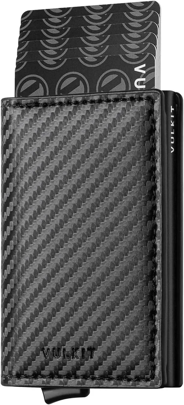 VULKIT Credit Card Holder RFID Blocking Leather Automatic Pop Up Wallet Aluminum Slim Pocket Business Card Case