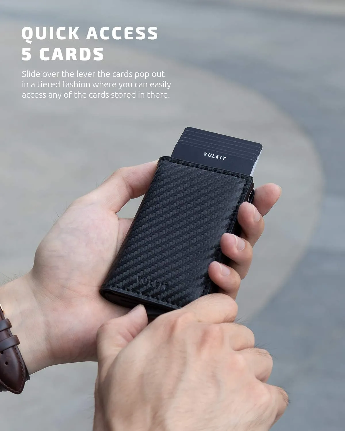 VULKIT Credit Card Holder RFID Blocking Leather Automatic Pop Up Wallet Aluminum Slim Pocket Business Card Case