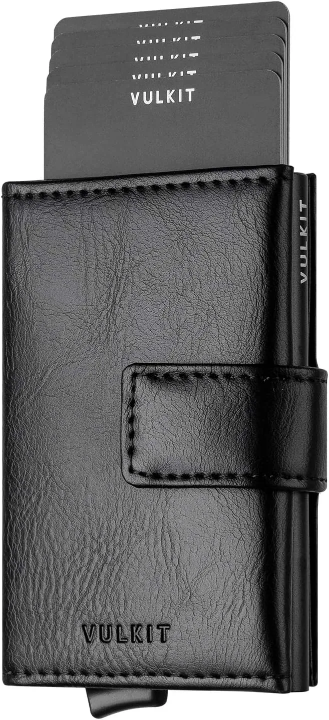 VULKIT RFID Card Wallet for Men, Slim Compact Men's Wallet, Leather RFID Blocking Credit Card Holder Wallet, Trifold Thin Metal Security Pop Up Wallet, Gift Box Packing