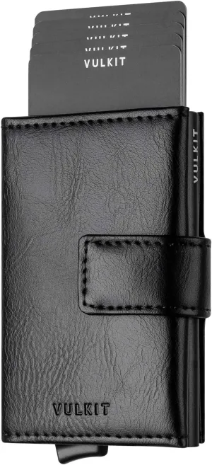 VULKIT RFID Card Wallet for Men, Slim Compact Men's Wallet, Leather RFID Blocking Credit Card Holder Wallet, Trifold Thin Metal Security Pop Up Wallet, Gift Box Packing