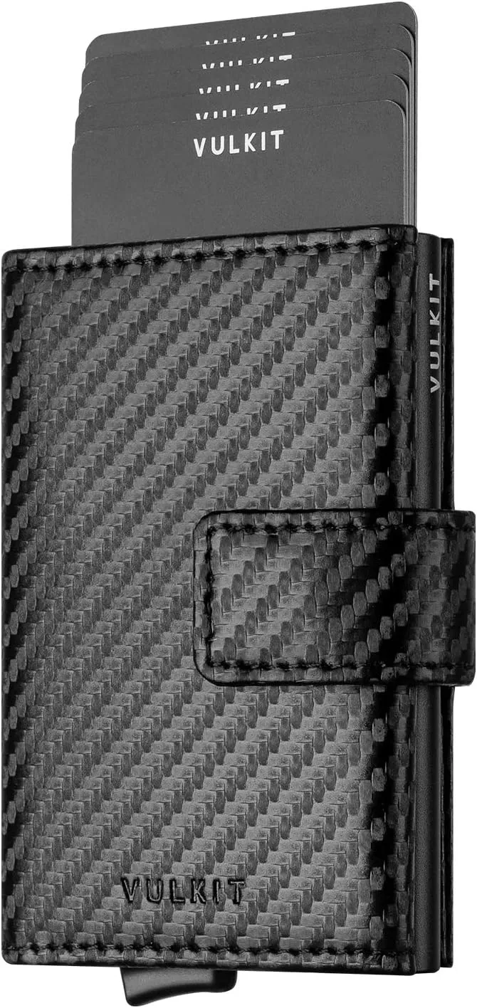 VULKIT RFID Card Wallet for Men, Slim Compact Men's Wallet, Leather RFID Blocking Credit Card Holder Wallet, Trifold Thin Metal Security Pop Up Wallet, Gift Box Packing