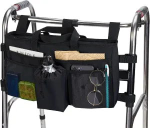 Walker Baskets with Cup Holder & Storage Bag - Hand Free Organizer for Rollator, Wheelchair & Folding Walkers (Black)