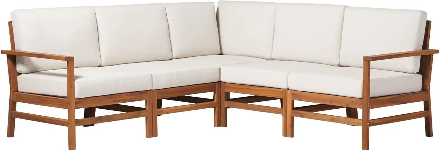 Walker Edison Tahnee Modern 5-Piece Solid Acacia Wood Sectional, Brown