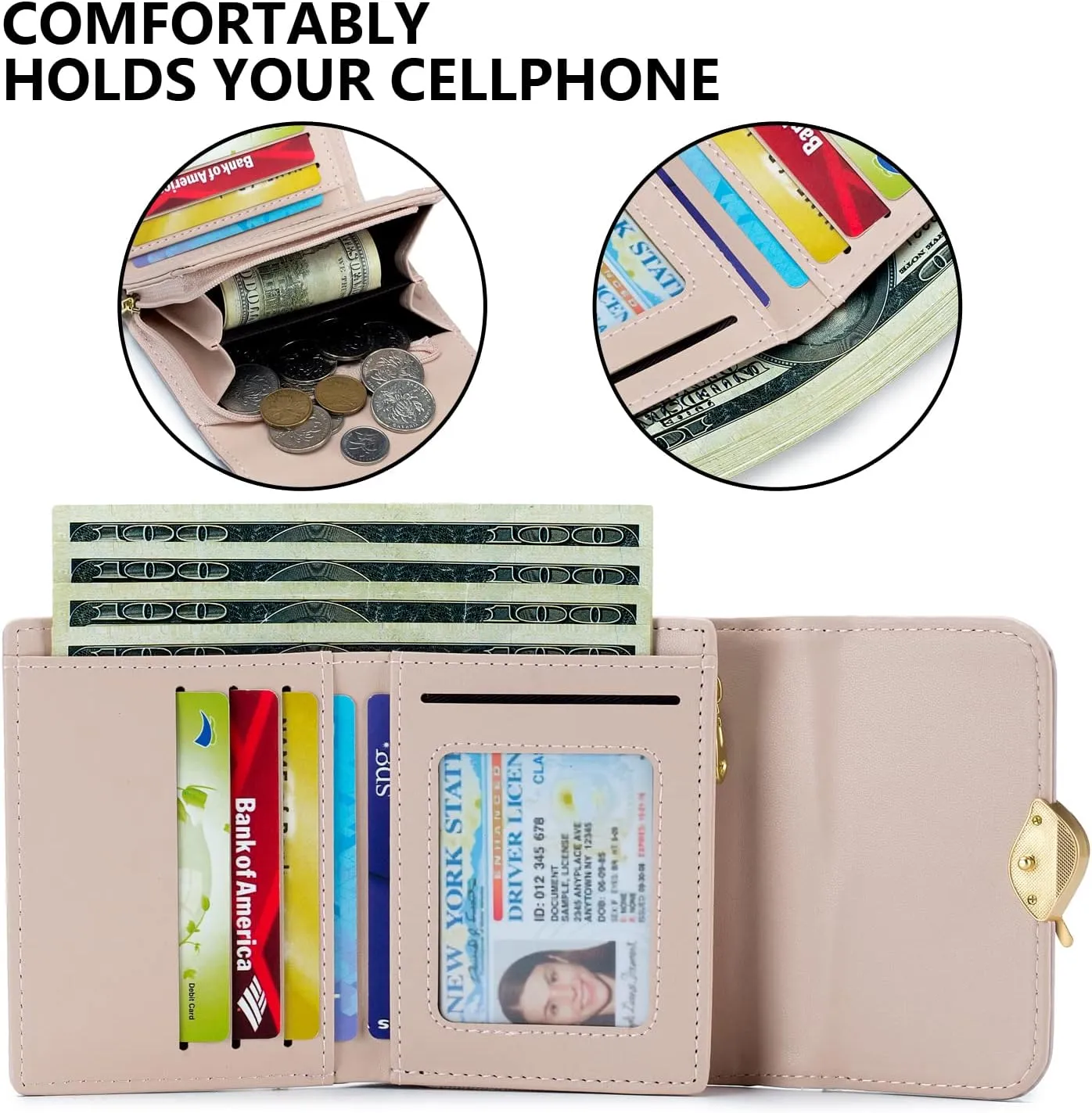 Wallet for Women RFID Blocking PU Leather Leaf Pendant Card Holder Phone Checkbook Organizer Zipper Coin Purse