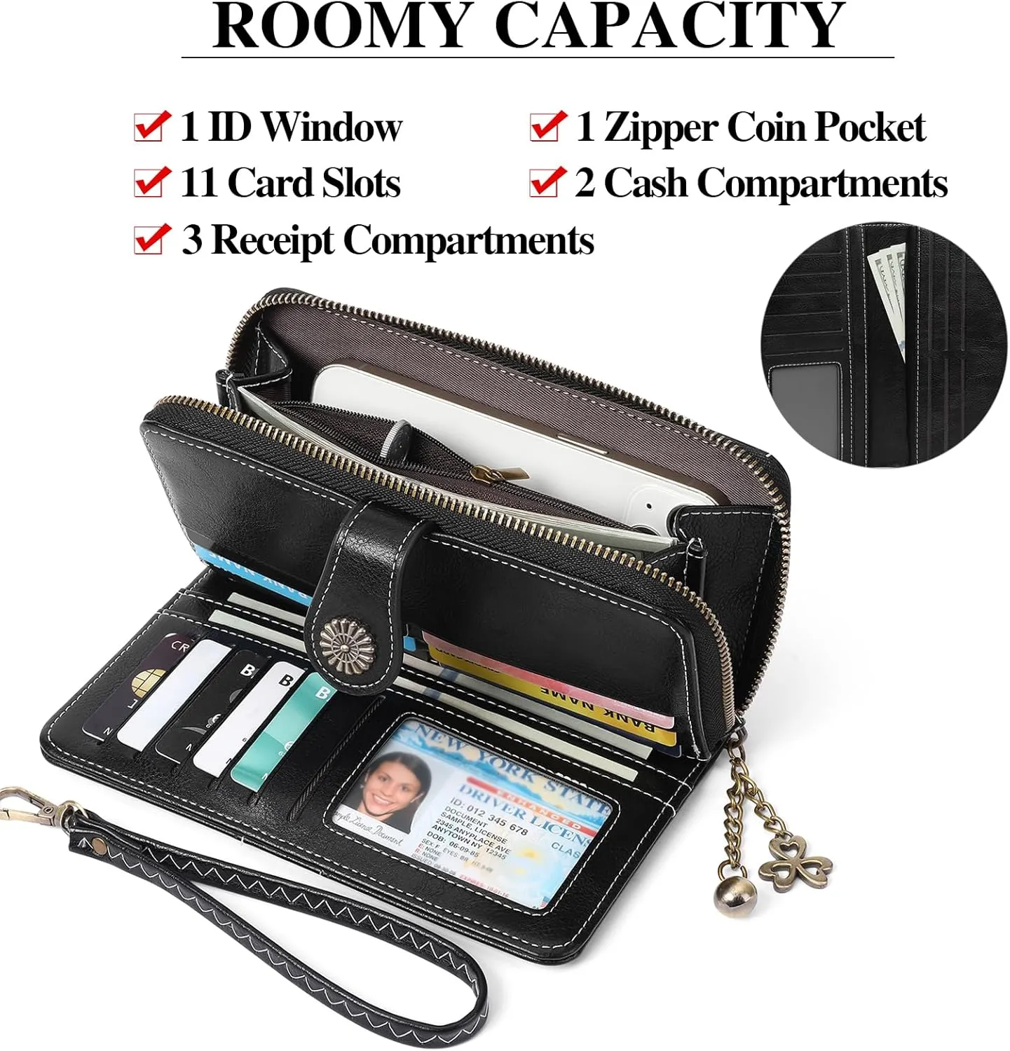 Wallet Women Large Leather RFID Blocking Bifold Multi Card Case with Zipper Pocke Phone Wristlet Purse