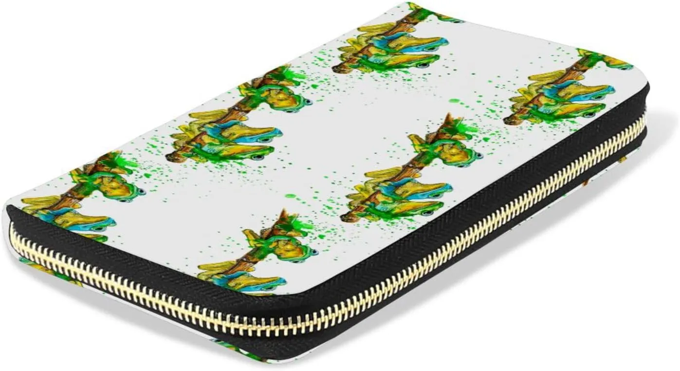 Watercolor Exotic Green Frogs with Splashes on White Leather Long Wallet Organizer with Zipper Purse Clutch Bag for Women Men Key Card Coin Passport Checkbook 8 x 4 inch