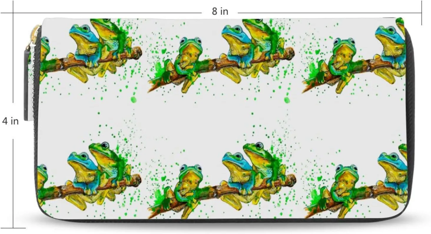 Watercolor Exotic Green Frogs with Splashes on White Leather Long Wallet Organizer with Zipper Purse Clutch Bag for Women Men Key Card Coin Passport Checkbook 8 x 4 inch