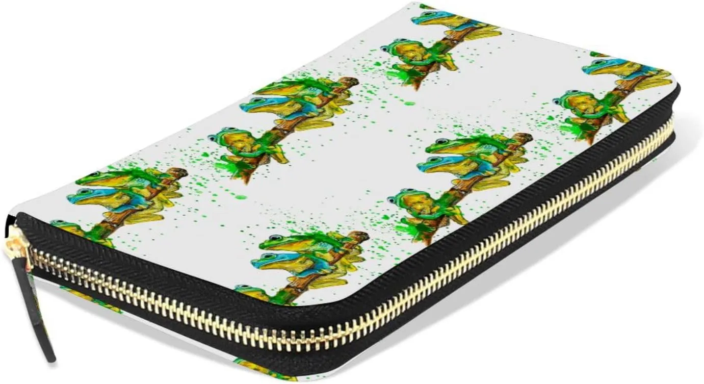 Watercolor Exotic Green Frogs with Splashes on White Leather Long Wallet Organizer with Zipper Purse Clutch Bag for Women Men Key Card Coin Passport Checkbook 8 x 4 inch