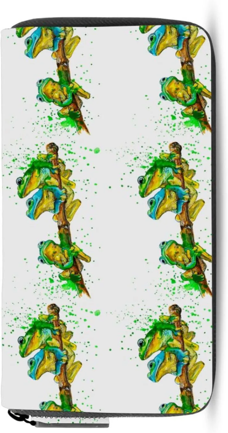 Watercolor Exotic Green Frogs with Splashes on White Leather Long Wallet Organizer with Zipper Purse Clutch Bag for Women Men Key Card Coin Passport Checkbook 8 x 4 inch