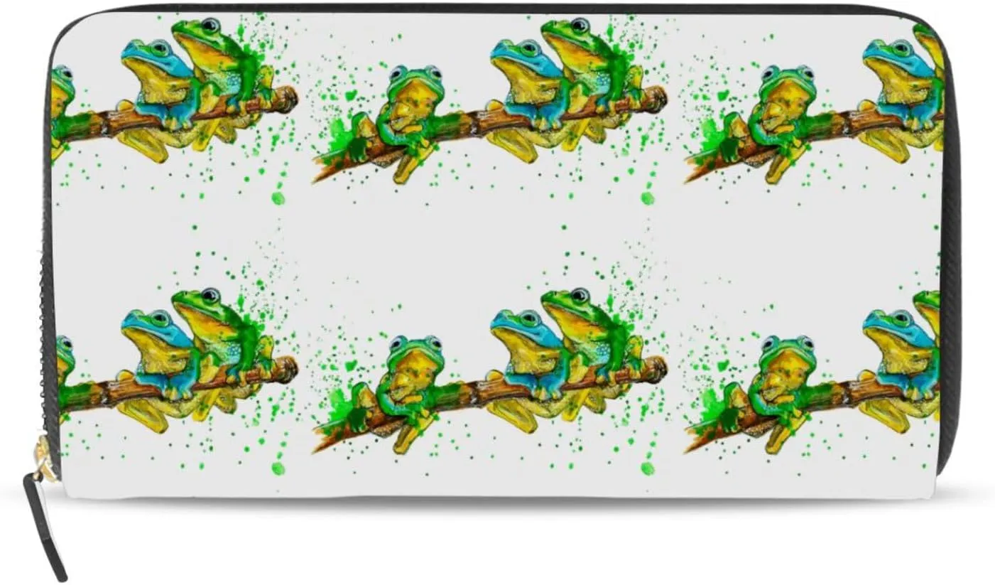 Watercolor Exotic Green Frogs with Splashes on White Leather Long Wallet Organizer with Zipper Purse Clutch Bag for Women Men Key Card Coin Passport Checkbook 8 x 4 inch