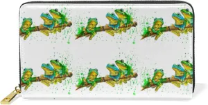 Watercolor Exotic Green Frogs with Splashes on White Leather Long Wallet Organizer with Zipper Purse Clutch Bag for Women Men