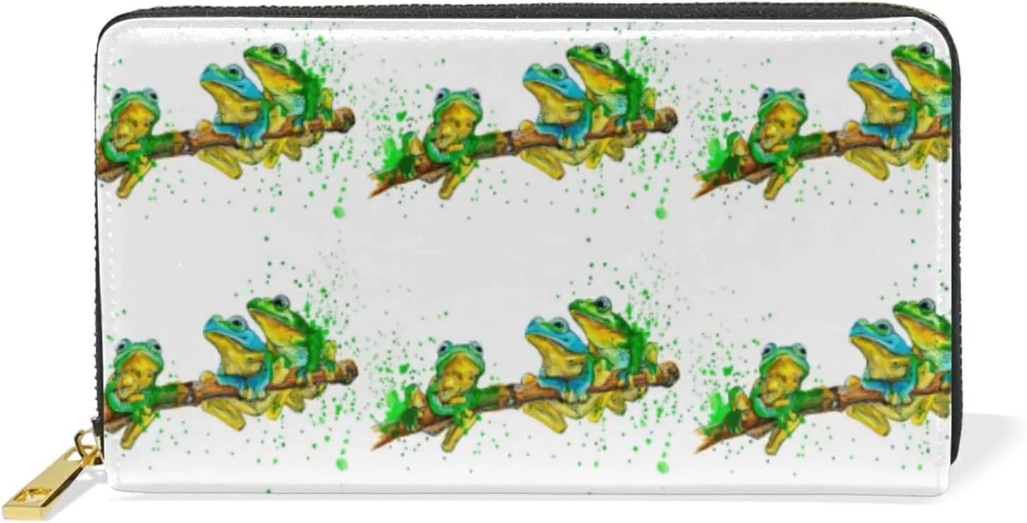 Watercolor Exotic Green Frogs with Splashes on White Leather Long Wallet Organizer with Zipper Purse Clutch Bag for Women Men