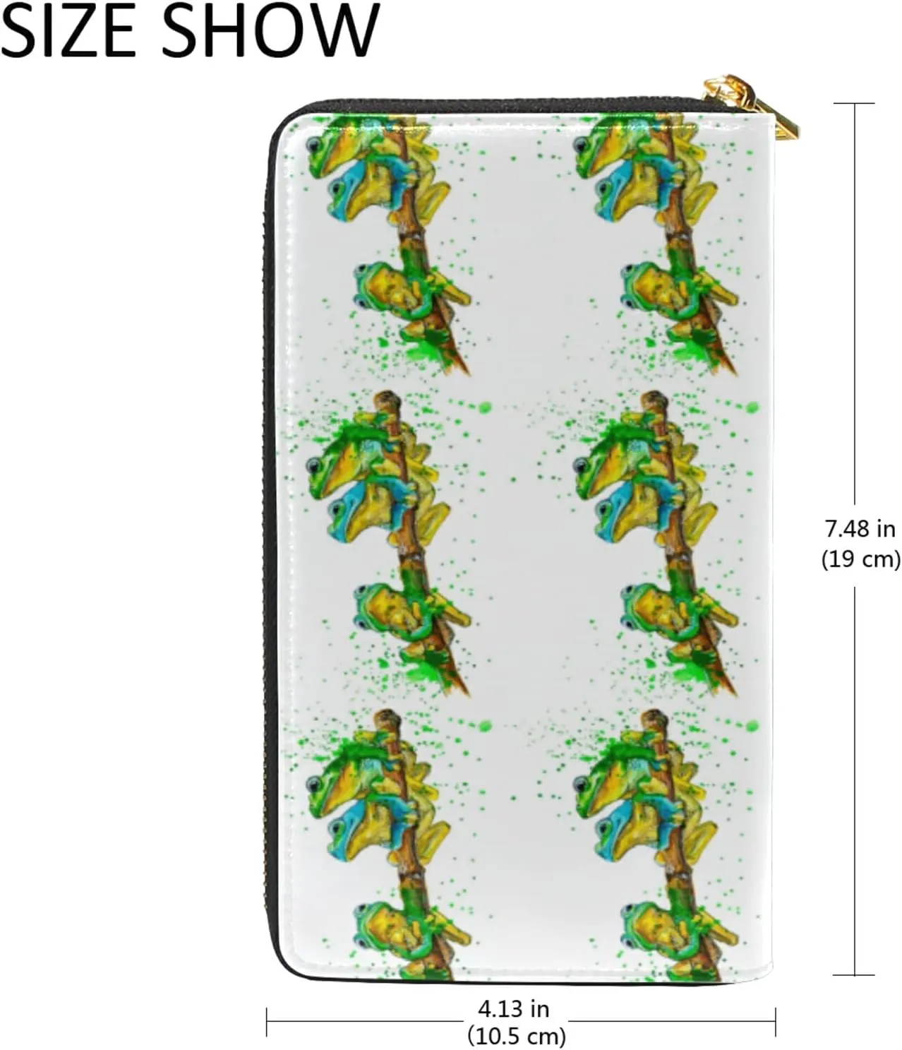 Watercolor Exotic Green Frogs with Splashes on White Leather Long Wallet Organizer with Zipper Purse Clutch Bag for Women Men