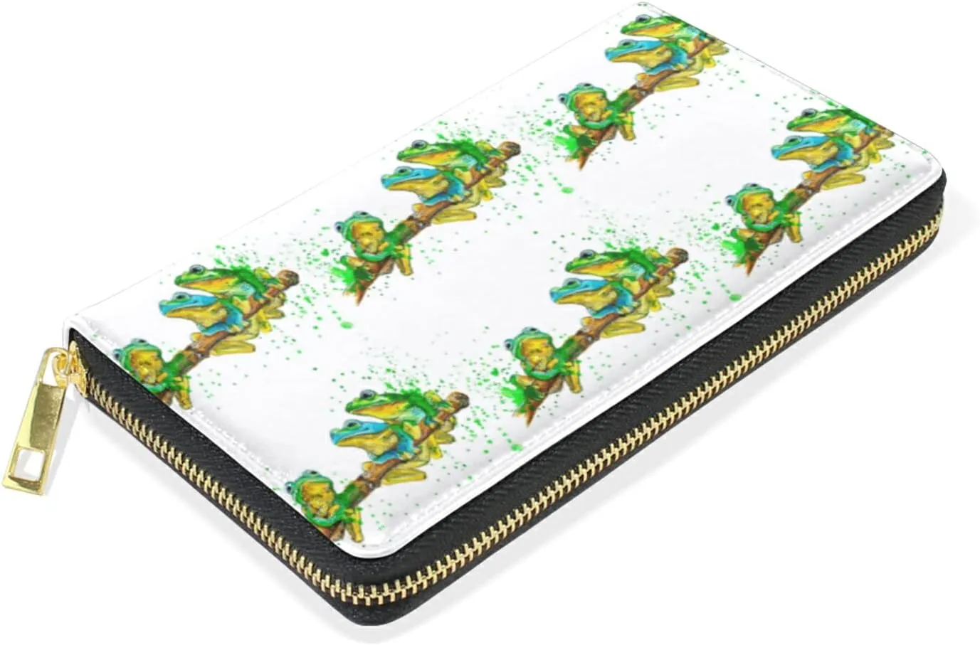 Watercolor Exotic Green Frogs with Splashes on White Leather Long Wallet Organizer with Zipper Purse Clutch Bag for Women Men