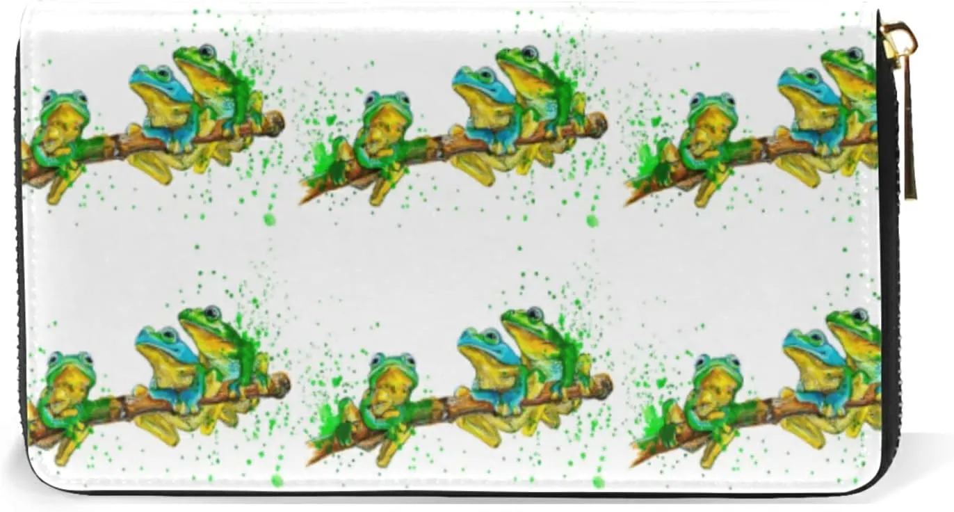 Watercolor Exotic Green Frogs with Splashes on White Leather Long Wallet Organizer with Zipper Purse Clutch Bag for Women Men