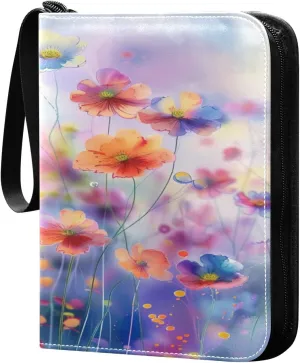 Watercolor Flowers Painting Card Binder 4-Pocket, 400 Pockets PU Waterproof Zippered Collector Card Album with 50 Removable Sleeves for Trading, Game Cards