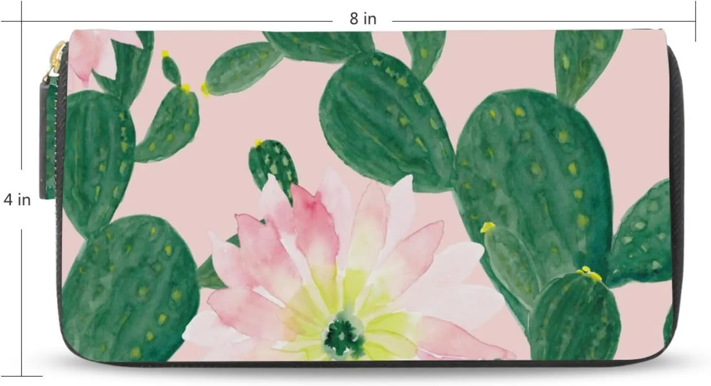 Watercolor Seamless Green Cacti Cactus with Pink Flowers on Pink Leather Long Wallet Organizer with Zipper Purse Clutch Bag for Women Men Key Card Coin Passport Checkbook 8 x 4 inch