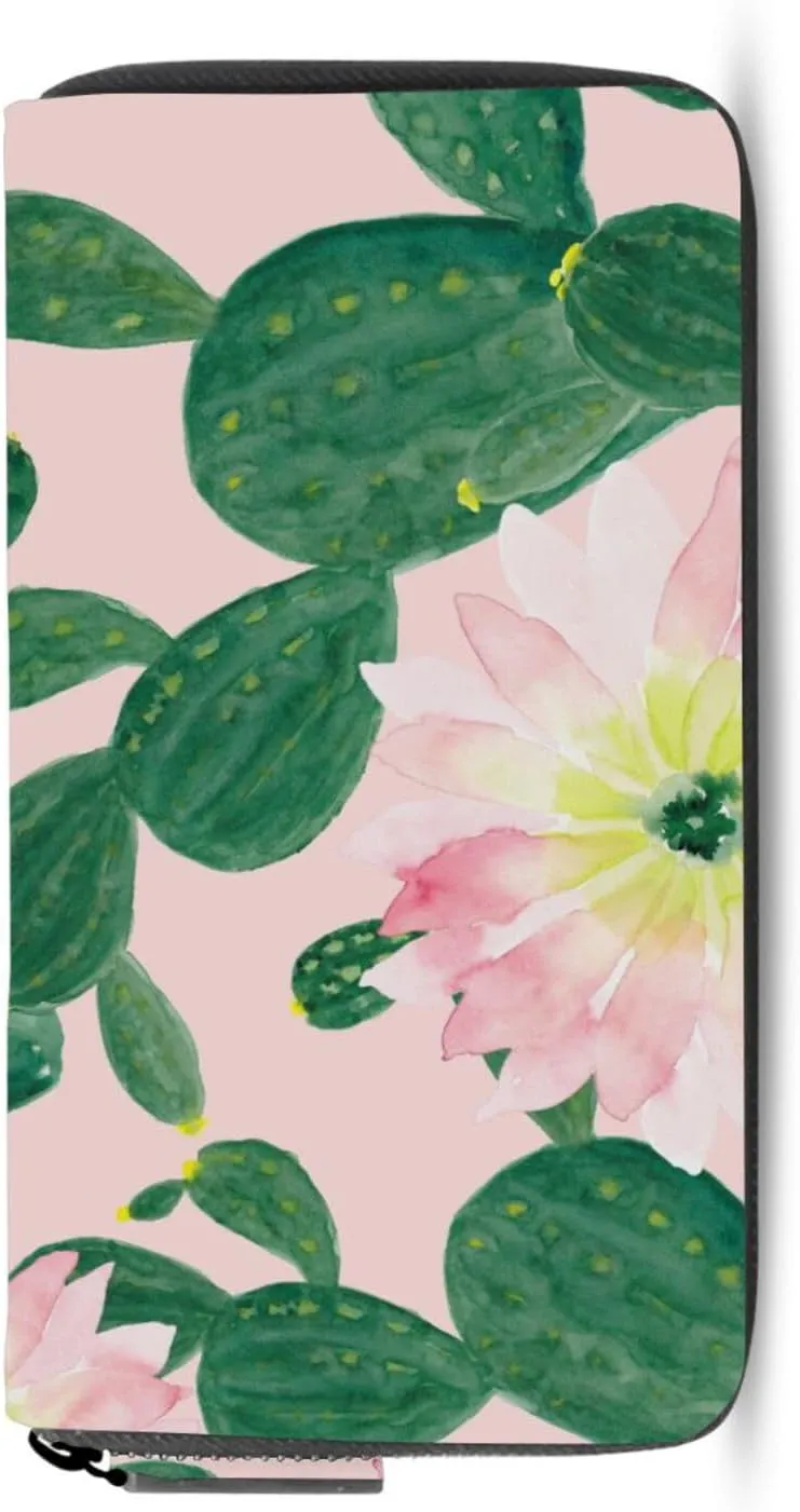 Watercolor Seamless Green Cacti Cactus with Pink Flowers on Pink Leather Long Wallet Organizer with Zipper Purse Clutch Bag for Women Men Key Card Coin Passport Checkbook 8 x 4 inch