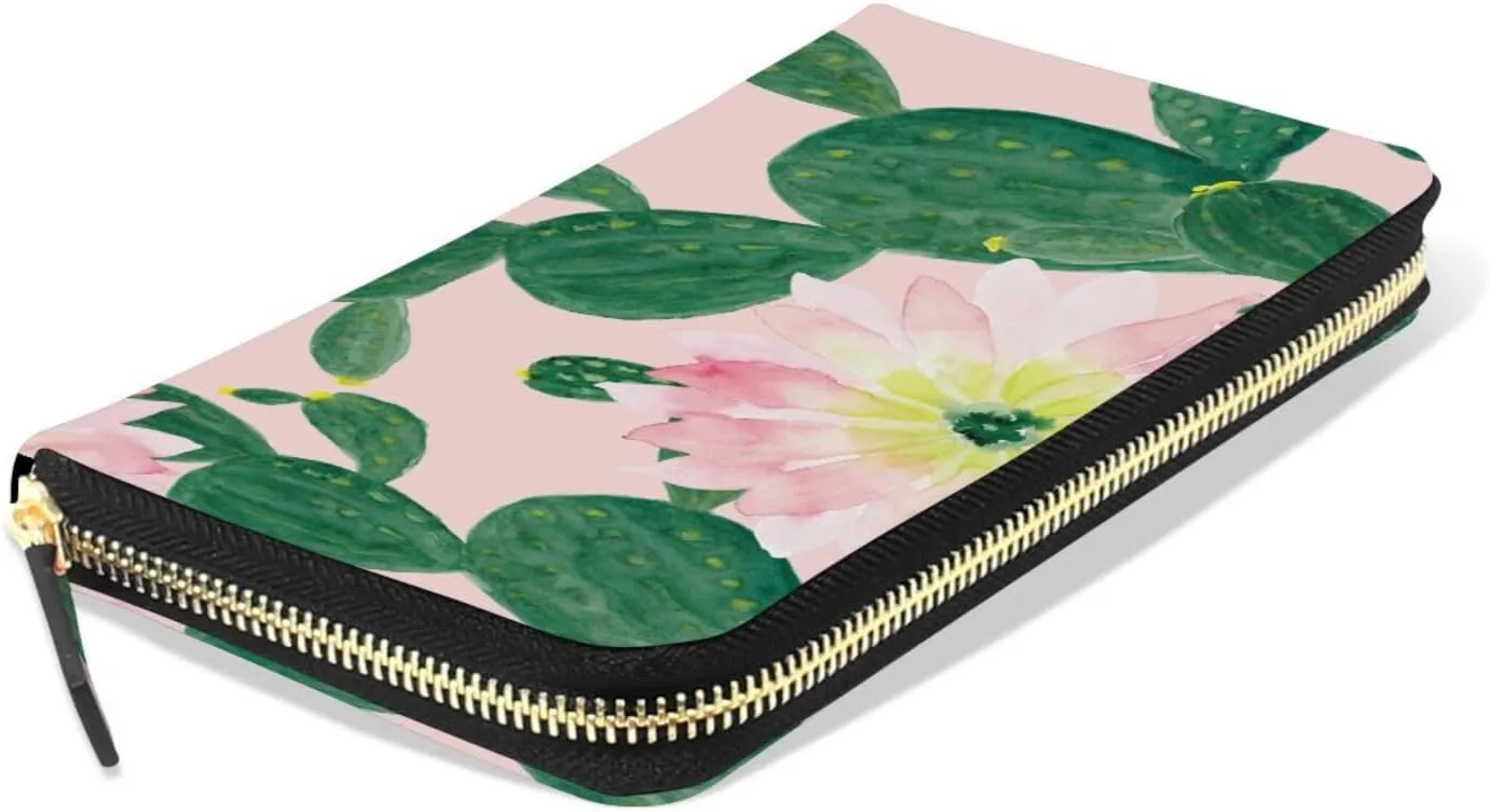 Watercolor Seamless Green Cacti Cactus with Pink Flowers on Pink Leather Long Wallet Organizer with Zipper Purse Clutch Bag for Women Men Key Card Coin Passport Checkbook 8 x 4 inch