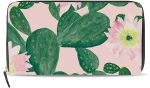 Watercolor Seamless Green Cacti Cactus with Pink Flowers on Pink Leather Long Wallet Organizer with Zipper Purse Clutch Bag for Women Men Key Card Coin Passport Checkbook 8 x 4 inch