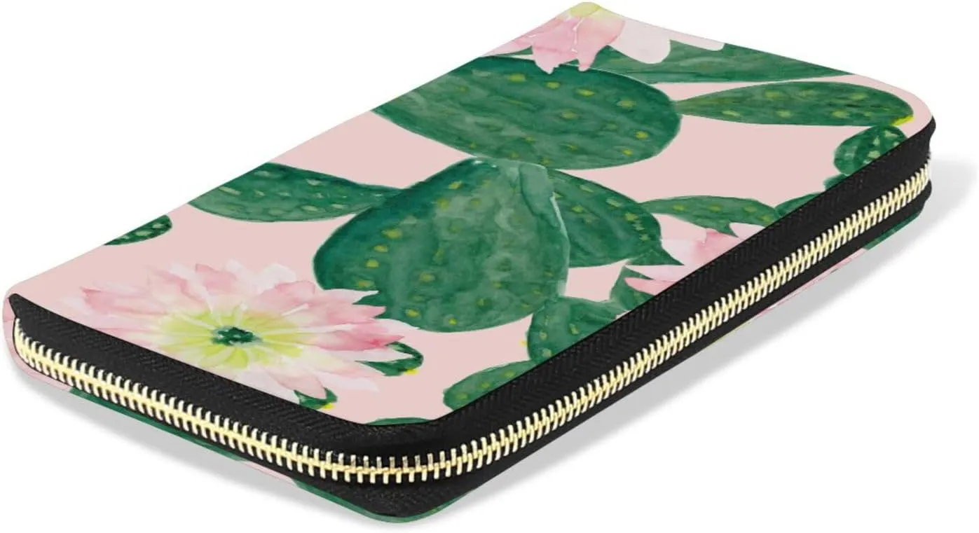 Watercolor Seamless Green Cacti Cactus with Pink Flowers on Pink Leather Long Wallet Organizer with Zipper Purse Clutch Bag for Women Men Key Card Coin Passport Checkbook 8 x 4 inch