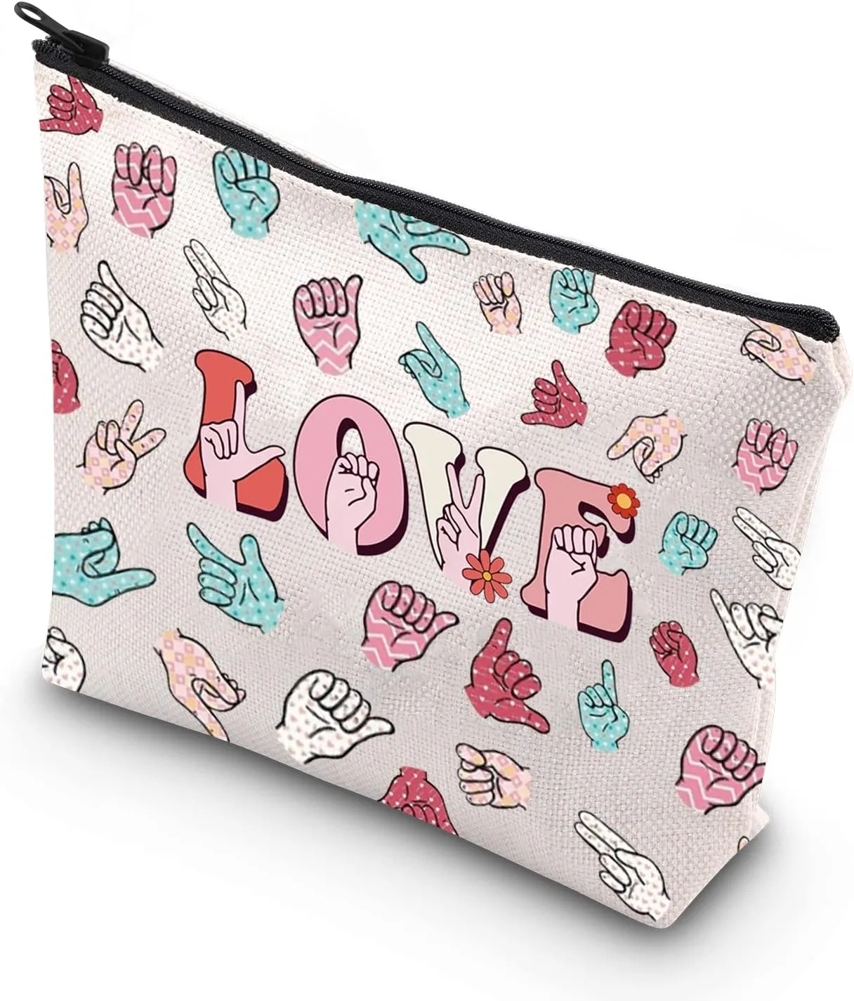 WCGXKO Sign Language Heart Makeup Bag Asl Gift Asl Interpreter Deaf Gift Gift for Asl Teacher Asl Zipper Pouch (LOVE HAND)